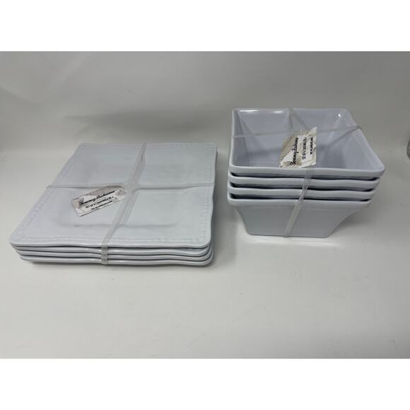 Tommy Bahama Melamine 8 pc Beaded Dinner Plates and Bowls White NEW - Picture 1 of 5